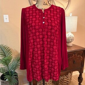 John Mark Red Velvet & Embroidered Pattern Button-Front Tunic